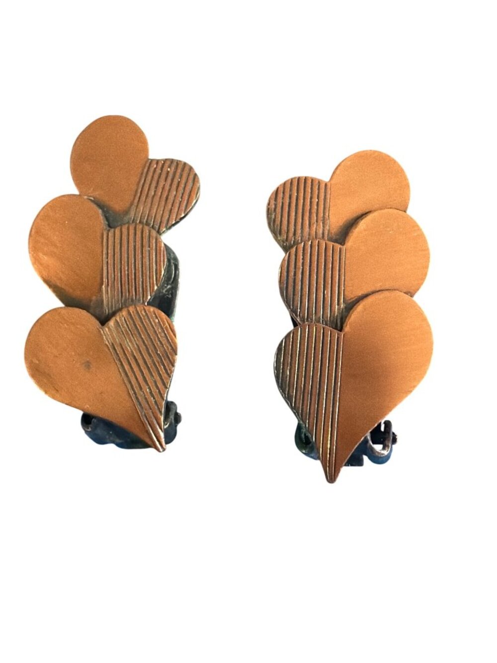Vintage Copper Triple Heart Clip On Earrings Textured Retro Lightweight Estate
